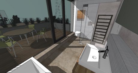 Vzorový e4 dům - Újezd - Vizualizace - koupelna hlavní podkroví