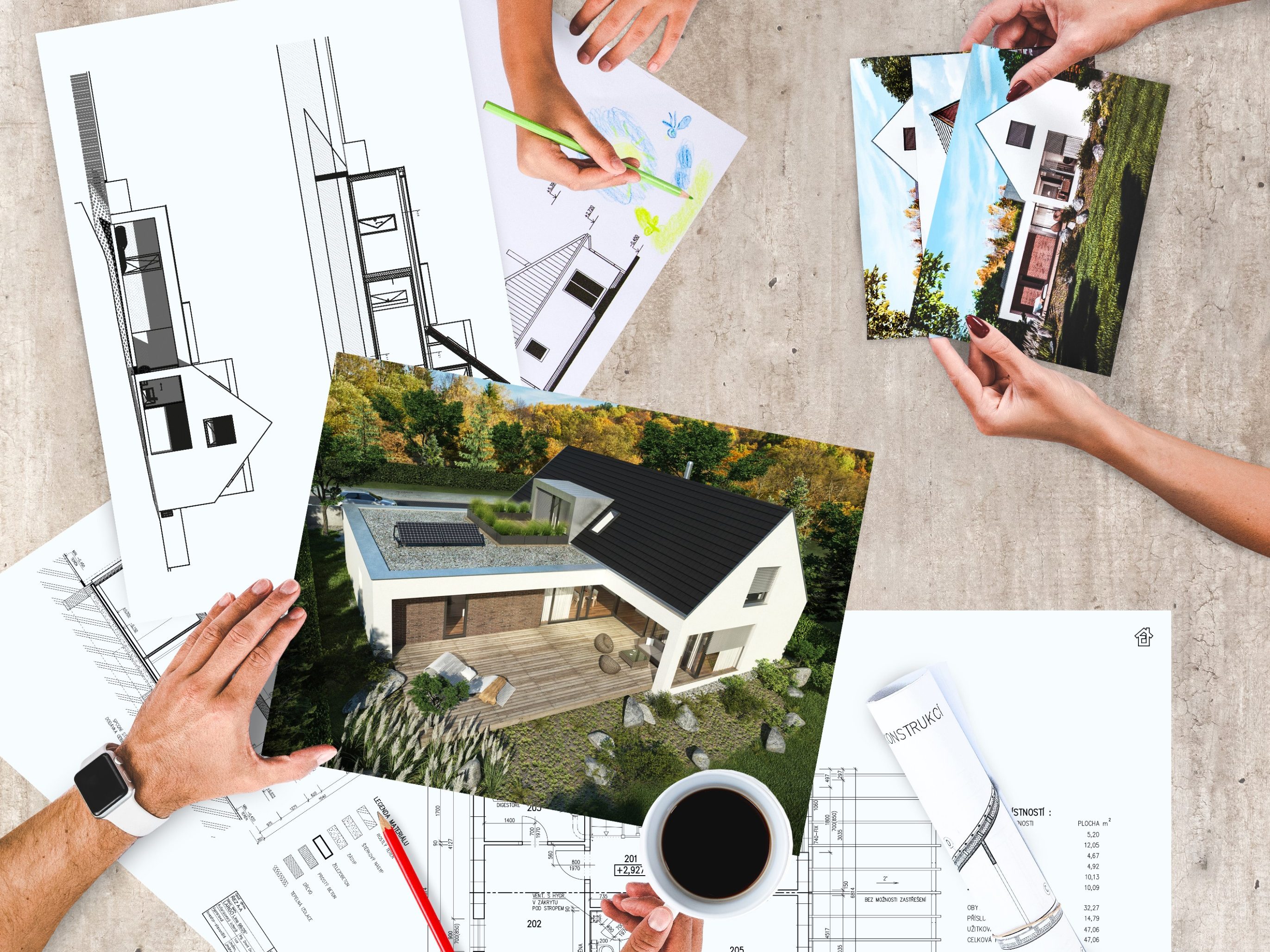 Vizualizace Wienerberger e4 dům - ruce na stole, projekty, blue printy | Wienerberger e4 dům